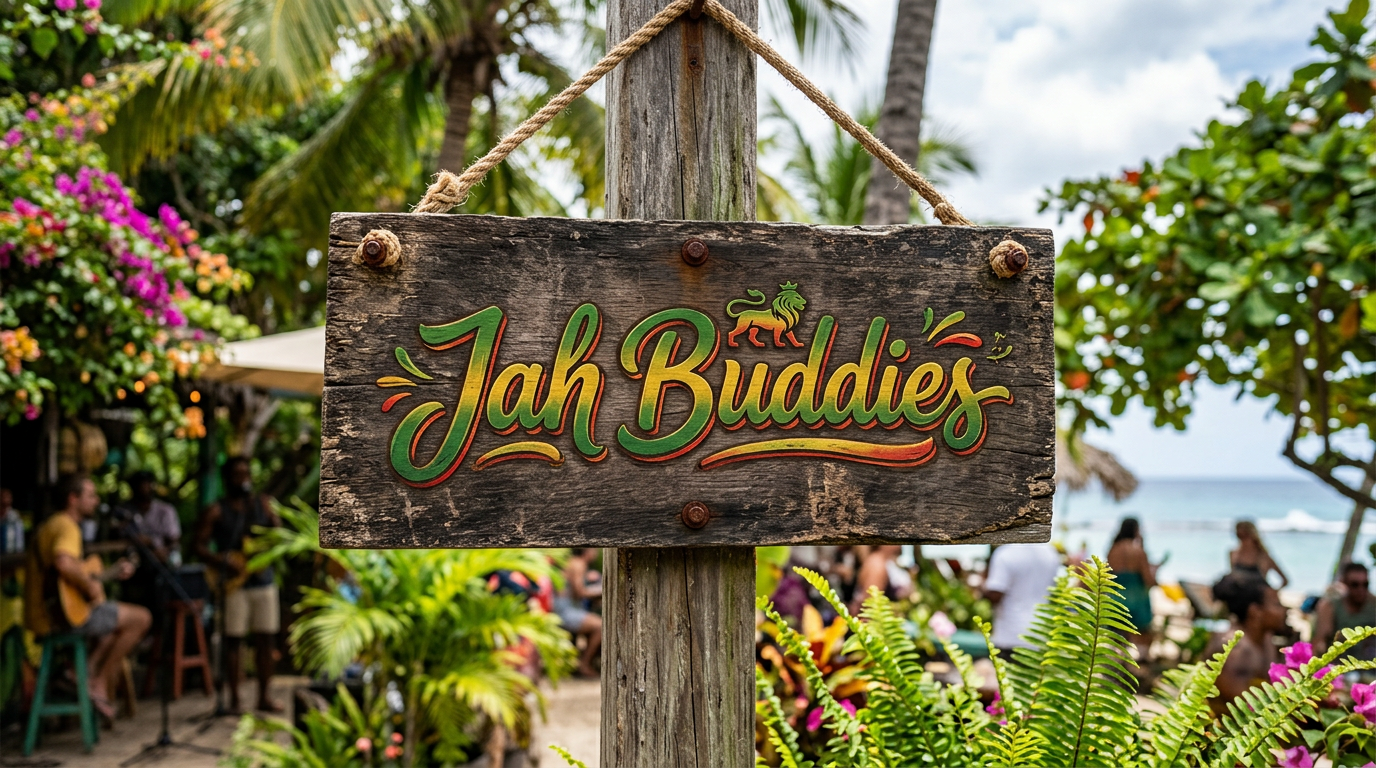 Wooden sign with colorful 'Jah Buddies' text hanging on a post in a tropical beach area